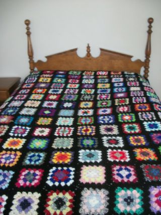 Vintage Handmade Crochet Granny Square Afghan Blanket Queen Full 92x88