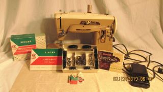 Vintage Singer 403a Slant O Matic Sewing Machine W/ Attachments/extras Wow