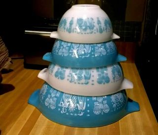 Vintage Pyrex Amish Butterprint Aque Blue Nesting 4 Piece Mixing Bowls Set