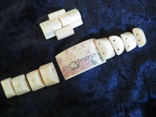 Authentic Vintage Alaskan Hand Carved Scrimshawed Bracelet: Seal,  Penguin,  Stars