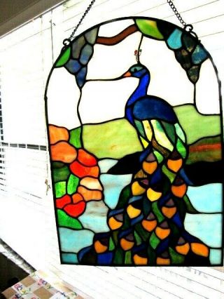 Vintage 14 " Stained Glass Art Peacock Suncatcher 16 " X11 "