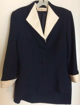 60’s Rare Navy Blue/white Jacket & Skirt Adolph Schuman For Lilli Ann Sz Sm