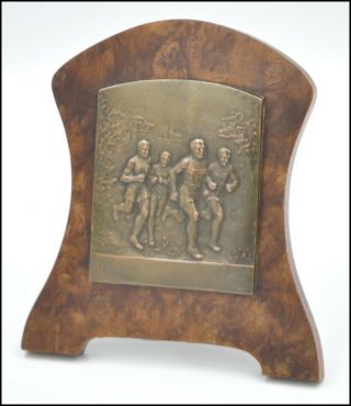 Vintage Deco French Signed Demey Bronze Medal On Wooden Frame,  Runners,  Sport