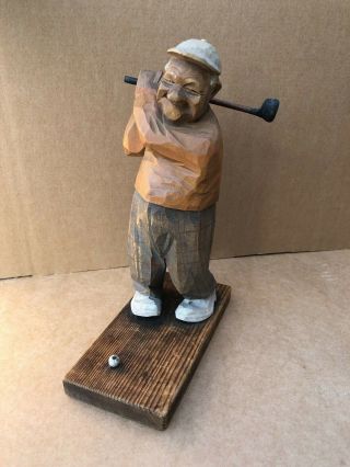 Vintage Signed Carl Olof Trygg 1954 Wood Carving Of A Man Playing Golf