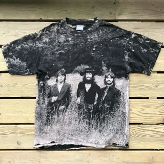 Vtg 90s The Beatles All Over Print T Shirt Xl Black Double Sided Distressed Tee