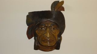 Vintage Xl Native American Indian Solid Wooden Wall Hanging Head - Hand Carved