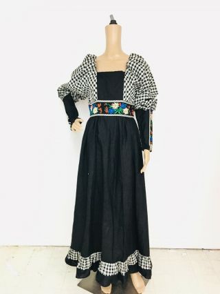 Vintage Black Label Gunne Sax Gingham Maxi Dress With Zip - Up Sleeves Size 11