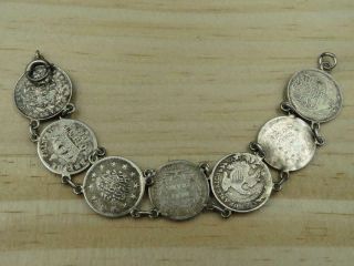 Vtg Antique Silver Coin US India France Egypt Ireland 1808 - 1917 Link Bracelet 3