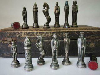 Vintage Camelot Chess Set Anri Pattern Bronze King 82 Mm And Old Box