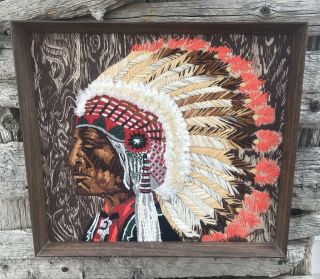 Vintage Native American Indian Chief Completed Crewel Embroidery Framed