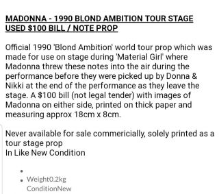 Vintage RARE Madonna Money $100 Bill Blonde Ambition Tour 1990 Stage Prop HTF 3