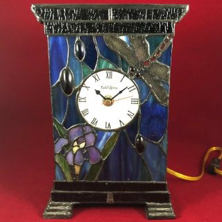 Vintage Signed Dale Tiffany Stained Glass Clock Dragonfly Night Light