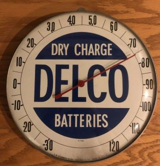 Vintage 12” Round Delco Dry Charge Batteries Automotive Advertising Thermometer