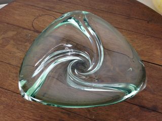 Vintage Signed Val St Lambert Heavy Green Crystal Bowl Mid - Century Modern Wh - 2