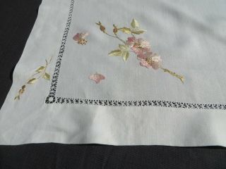 Antique Vtg Society Silk Hand Embroidered Buds & Blossoms Linen Tea Tablecloth 4