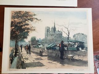 Pair Signed Hand Colored Etchings Of Notre Dame W/ Street Artists