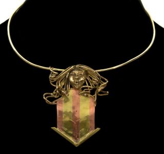 Vtg Art Nouveau Style Maiden Brass Copper Hoop Necklace