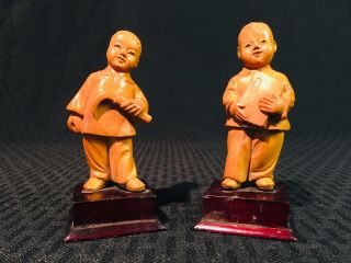 Vintage Chinese Wood Hand Carved Republic Period 2 School Boy Statue Figures