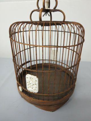Vintage Chinese Asian Bamboo Wood Bird Cage Hang Or Tabletop 15.  5 "
