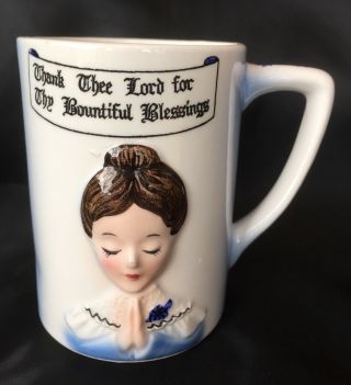 Vintage Enesco Japan Prayer Lady Blue Coffee Mug Cup Mother In The Kitchen Rare