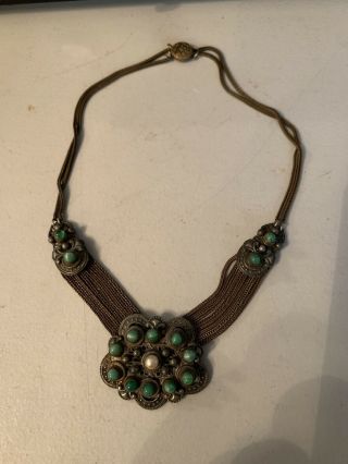 Vintage Czechoslovakia Brass Pearl & Jade Green Glass Pendant Necklace Antique 2