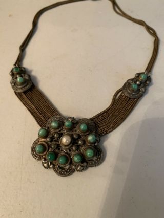 Vintage Czechoslovakia Brass Pearl & Jade Green Glass Pendant Necklace Antique 6