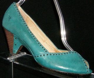 Frye Maya Vintage Stud Teal Leather Round Peep Toe Slip On Block Heels 6m