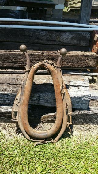 Vintage Unique Leather Horse Harness Plow Beam Yoke Drawn Mule Collar 27x 19