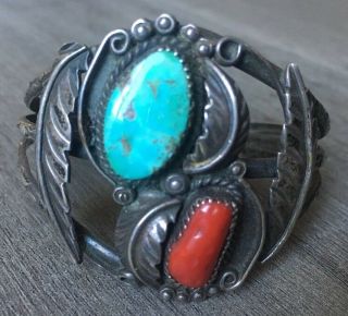 Old " Signed " 1 7/8 " Tall Vintage Navajo Turquoise,  Coral & Sterling Cuff Bracelet