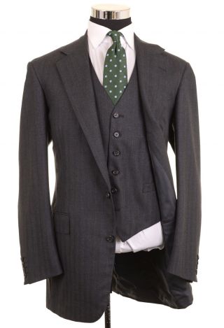 Vtg Polo Ralph Lauren Gray Woven Wool Striped 3pc Suit Jacket Pants Vest 42 Xl