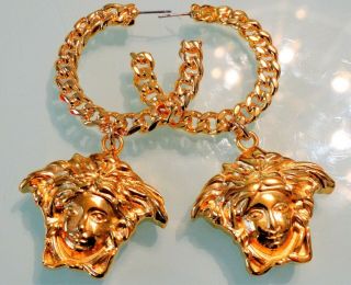 Vtg 80s Gianni Versace Huge 3 " Gold Chunky Medusa Drop Hoop Runway Earrings