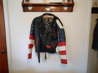 Vintage Phase 2 Leather Motorcycle Jacket.  Large 80s Usa Flag