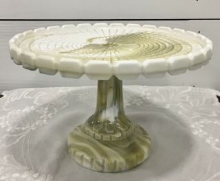 Antique Vtg Rare Green Swirl - Waffle Pattern - Slag Glass - Cake Stand Pedestal