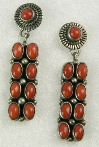 Vintage Lb Zuni Orange Coral Sterling Silver Raindrop Dangle Earrings
