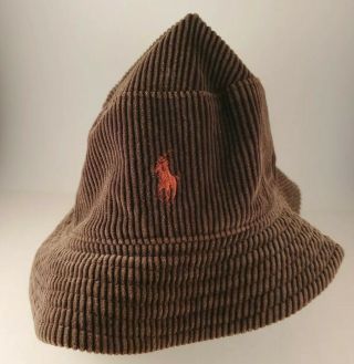 Vintage Polo Ralph Lauren Corduroy Bucket Hat L/xl Chocolate Orange Pony
