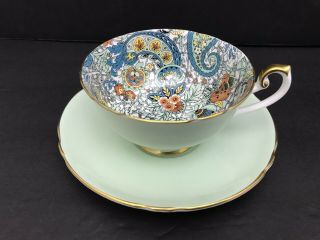 Vintage Shelley Green Paisley Chintz Cup & Saucer Lincoln Shape No.  14210