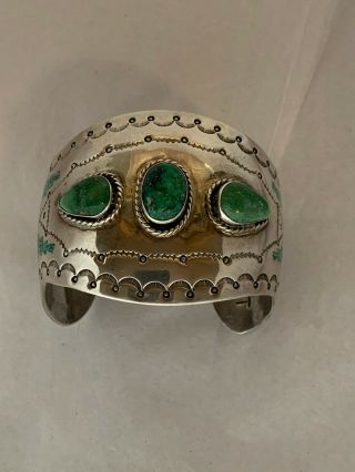 Vintage Navajo Indian Cuff Silver And Green Turquoise Marked Btn Coin Silver