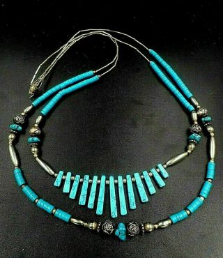Rare Vintage Native American Indian Dbl Strand Sky Blue Turquoise Necklace