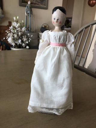 Antique Grodnertal Jointed Peg Wooden Doll Dressed Cotton And Lace