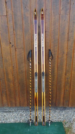Vintage 77 " Wooden Skis Brown Finish Signed Splitkein With Bindings,  Poles