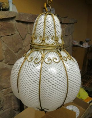 Vintage Mid Century Murano Glass Caged Latticino Pendant Lamp Lantern
