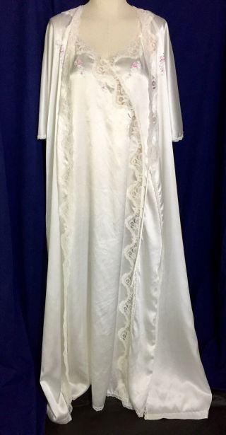 Vtg Barbizon Satin Nightgown & Robe Set Long Peignoir White Lace Slit Bridal L