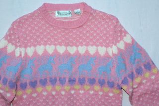 Vintage 80s Pink Unicorn Hearts Novelty Fairy Kei Kawaii Pastel Sweater S M