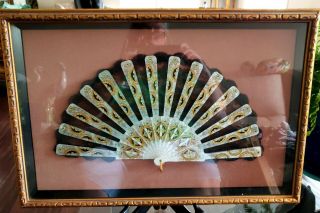Framed 19th Century Hand Carved & Gilded Pearl W/ Hand Tated Black Lace Fan