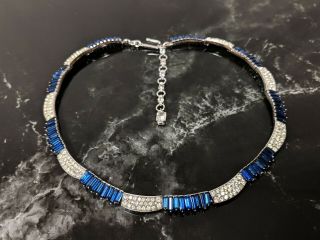 Vintage Rhodium Faux Sapphire Rhinestones Necklace Jewellery Signed Trifari