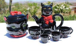 Vintage Shafford Redware Black Cat Cookie Jar,  Pitcher,  Creamer & Cups