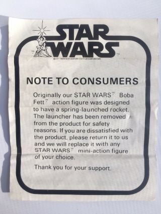 Vintage Kenner Star Wars - Rocket Firing Boba Fett Mailaway Note To Consumers A,