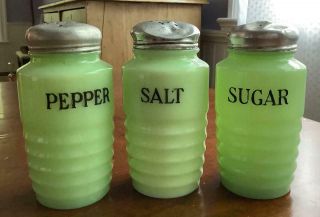 3 Vintage Jadite Jadeite Glass Beehive Ribbed Shakers Sugar Salt Pepper