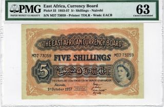 East Africa 5 Shillings 1953 - 57 P - 33 Pmg Ch.  Unc 63.  Rare