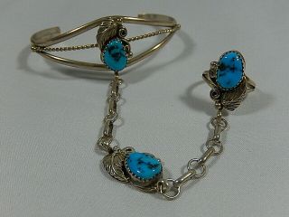 Vtg Navajo Signed Rb Sterling Silver Turquoise Slave Cuff Bracelet & Ring Set